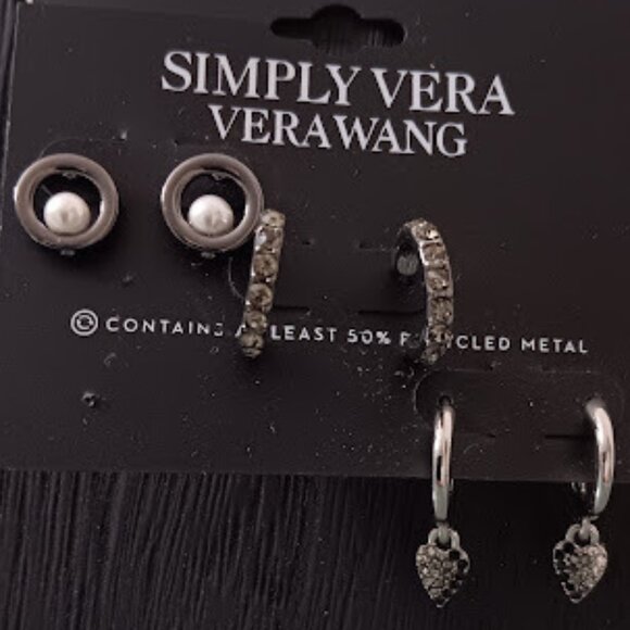VERA WANG Goth 3pc Circle Pearl Studs + Gray Crystal/Silver Charm Hoop Earrings - Picture 3 of 3